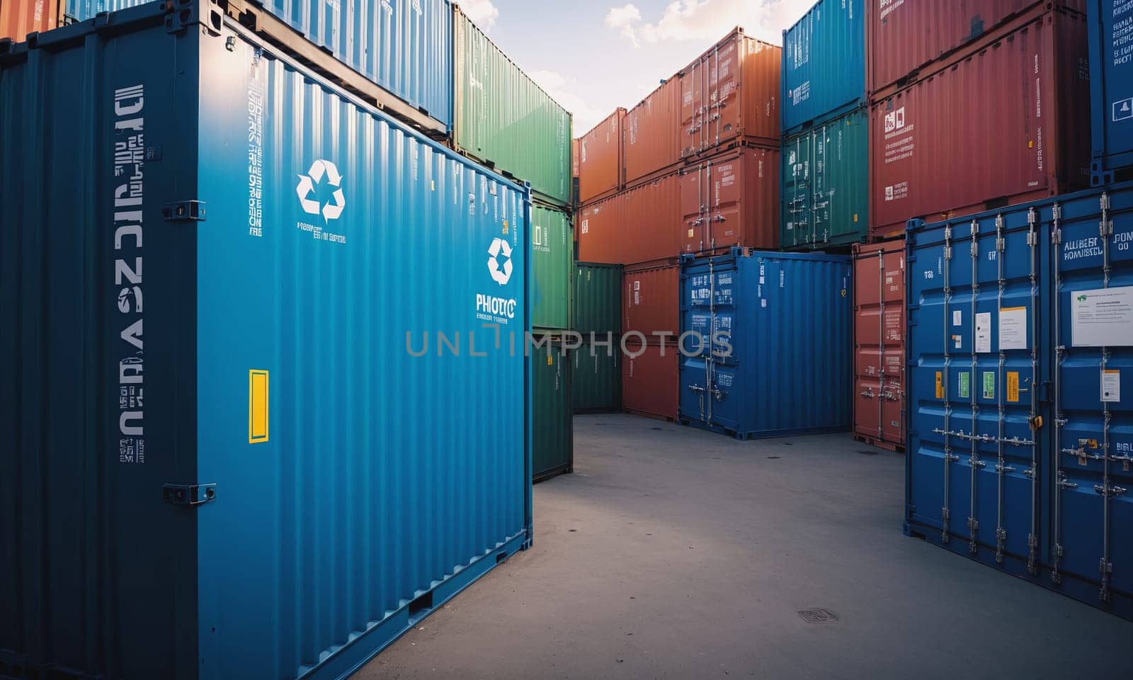 A neat arrangement of colorful shipping containers stacked outdoors under a clear blue sky.