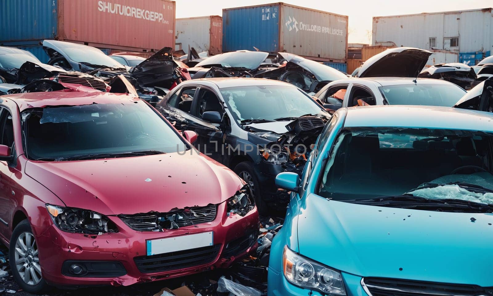 A chaotic scene of multiple damaged cars post-collision in an urban setting. The wreckage illustrates the urgent need for road safety.