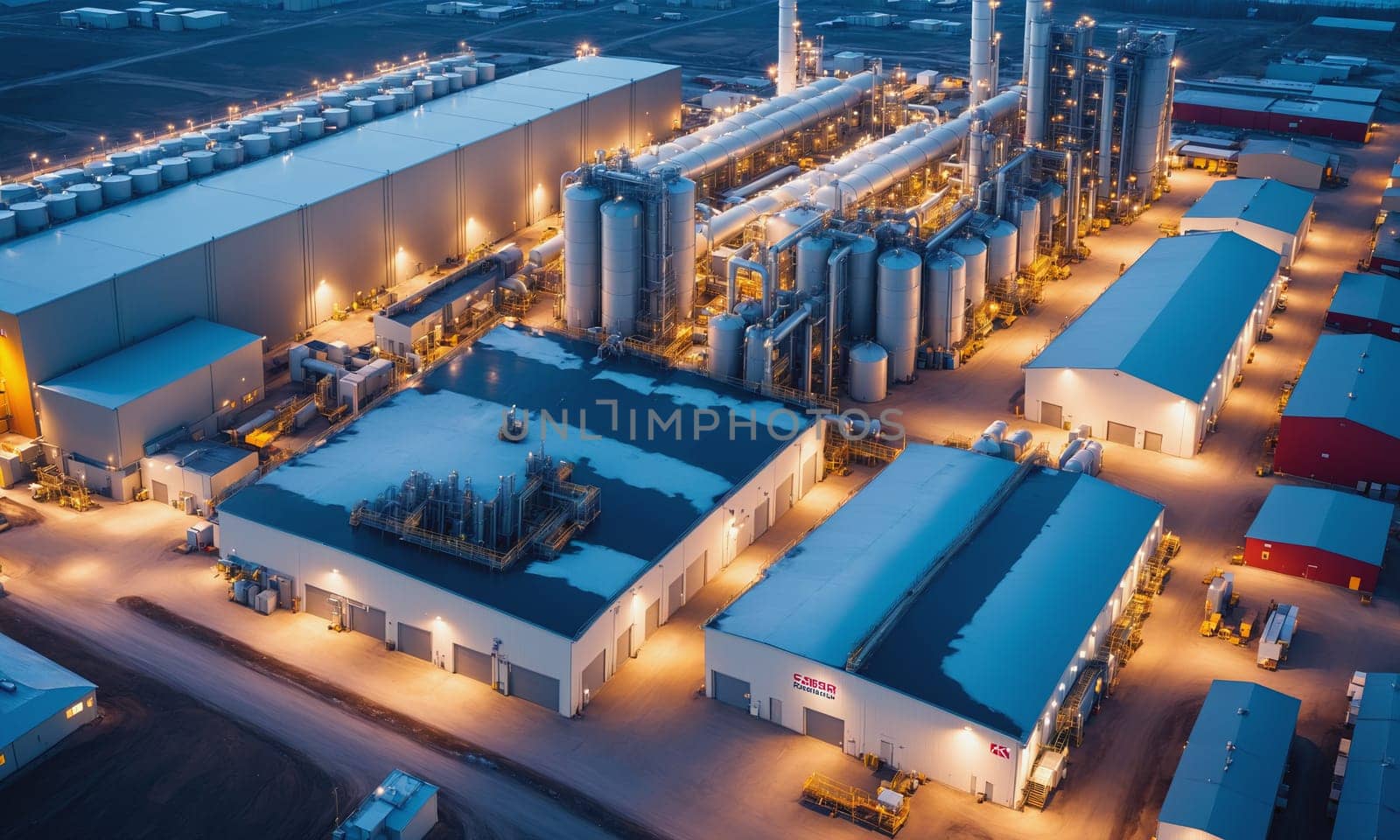 An aerial view of a brightly illuminated industrial complex at dusk. The intricate layout of buildings and machinery highlights the sophistication of modern engineering.