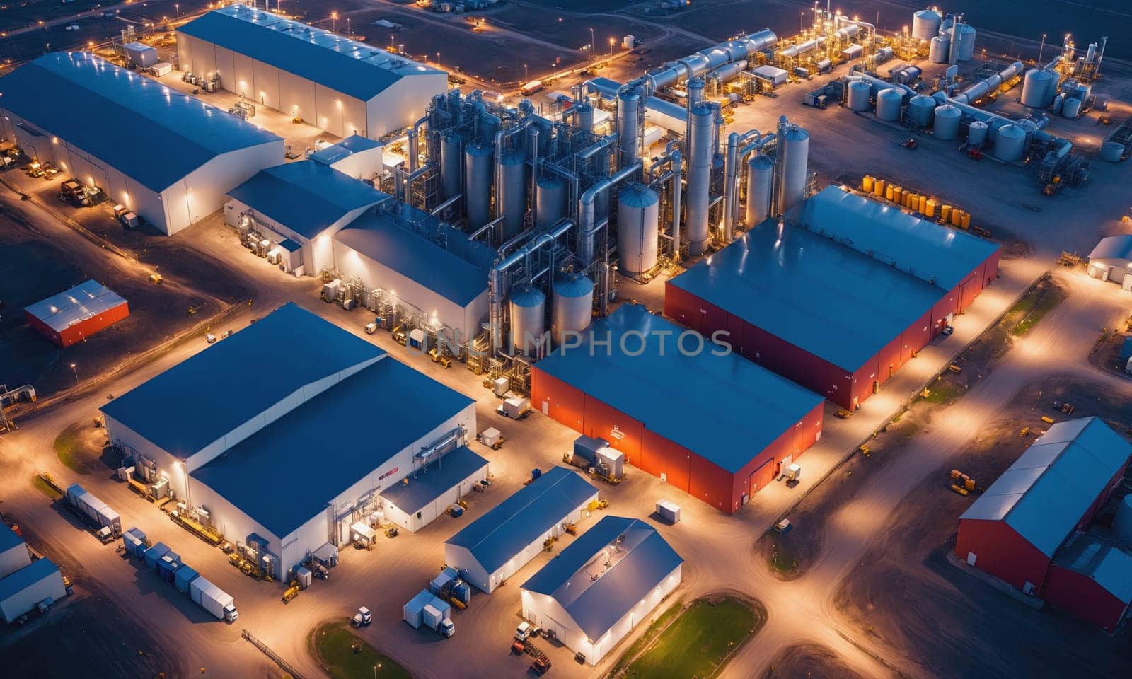 An aerial view of a brightly illuminated industrial complex at dusk. The intricate layout of buildings and machinery highlights the sophistication of modern engineering.