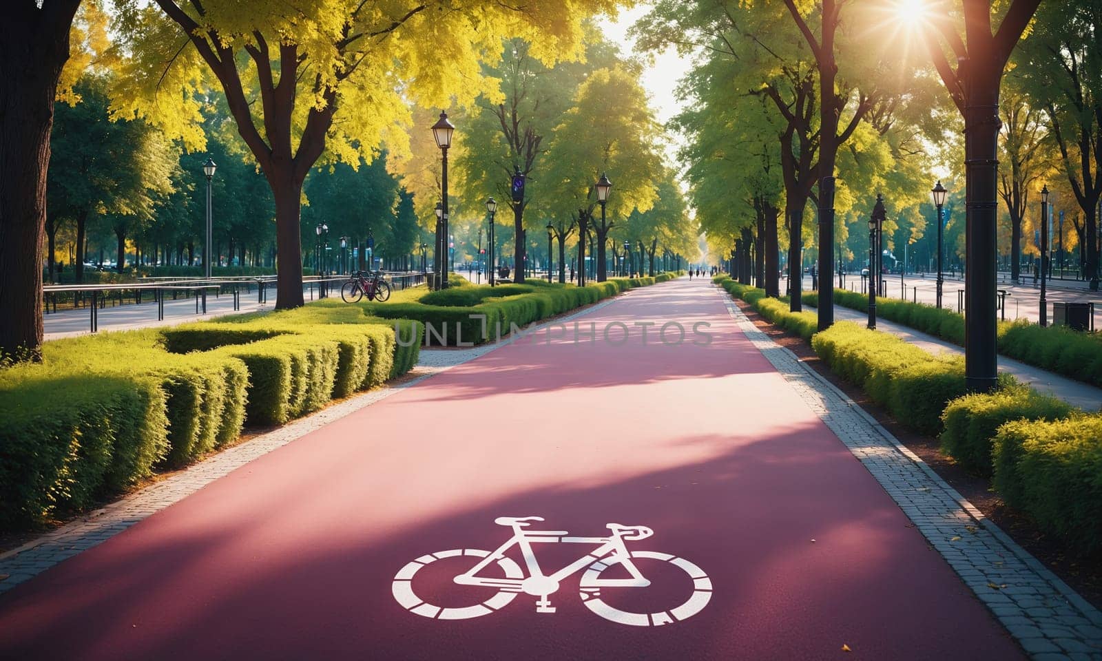 A serene bicycle path adorned with autumnal trees basks in the morning sunlight offering a tranquil city escape.