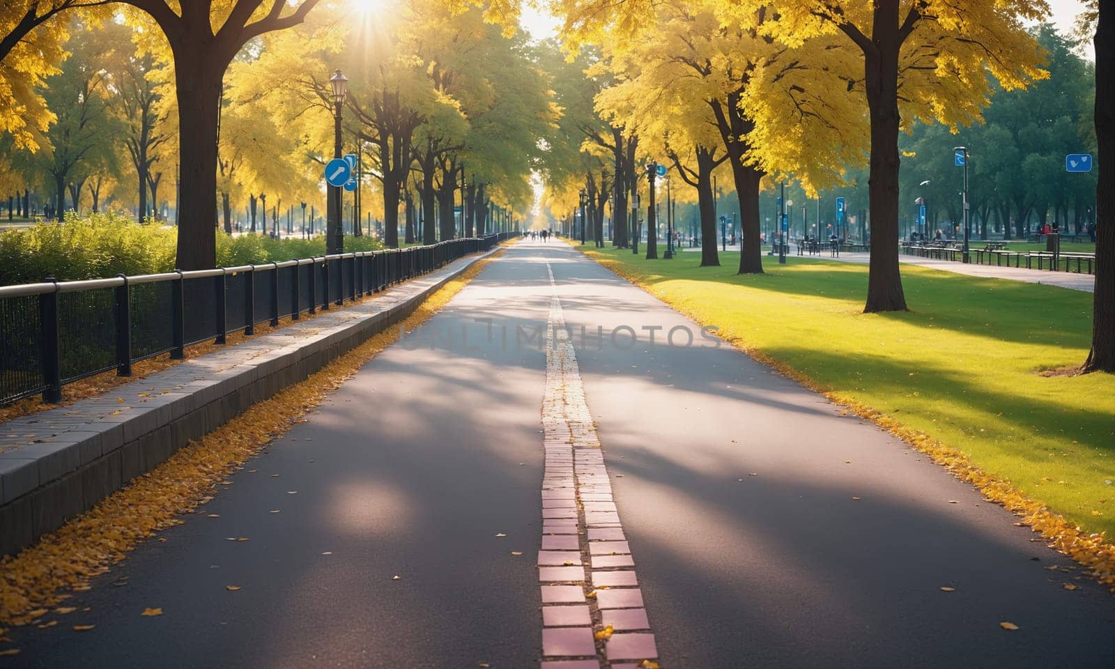 A serene bicycle path adorned with autumnal trees basks in the morning sunlight offering a tranquil city escape.