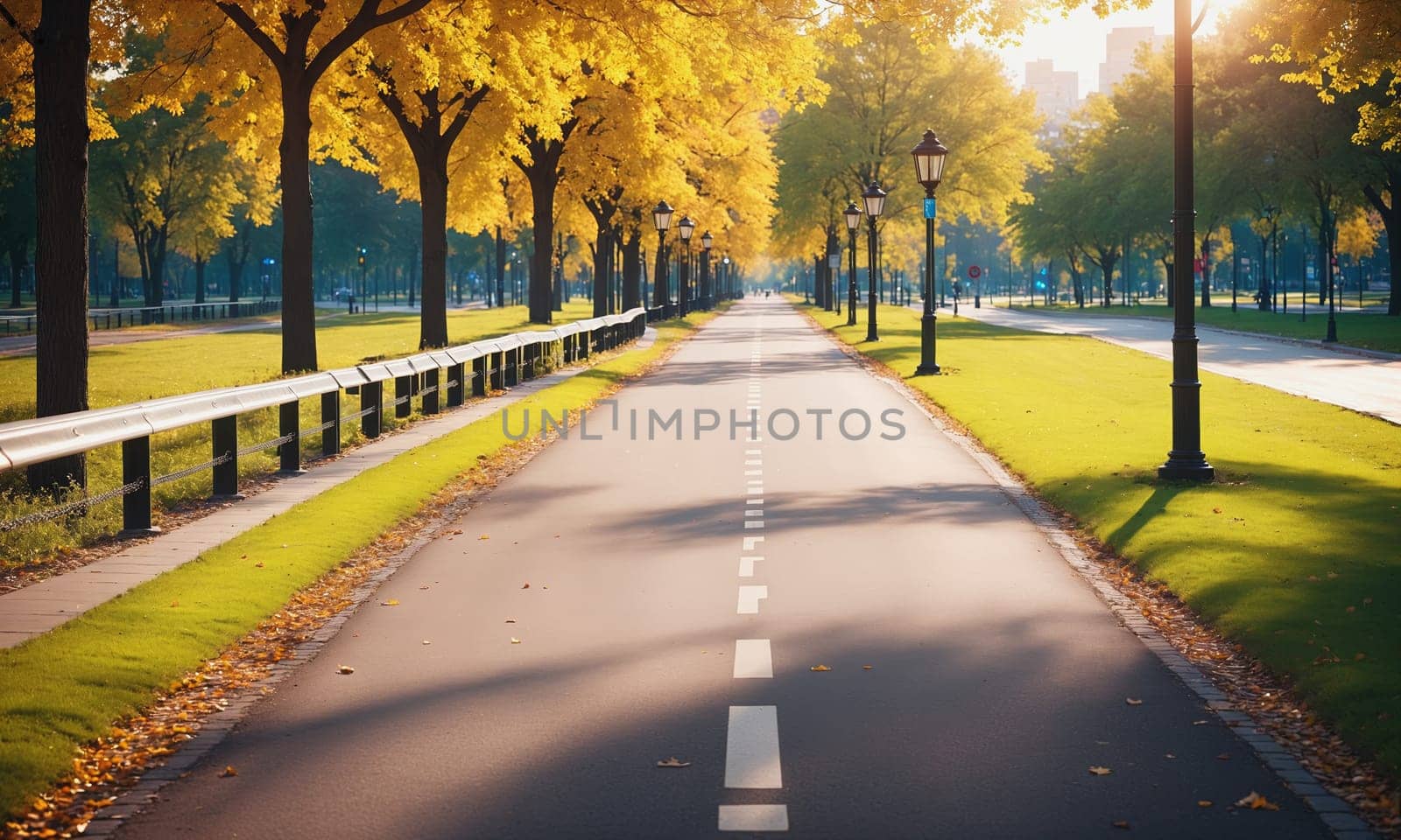 A serene bicycle path adorned with autumnal trees basks in the morning sunlight offering a tranquil city escape.