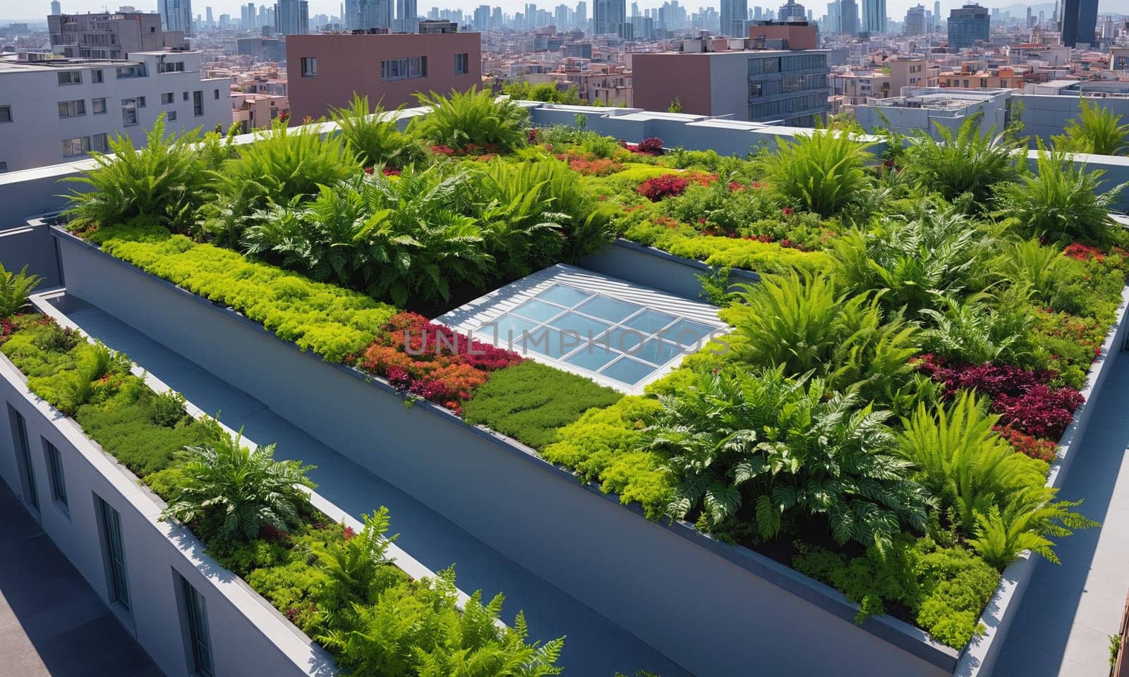 A lush green roof adorned with vibrant flowers sits atop a modern building amidst a bustling cityscape. The image shows the contrast between the natural and the artificial, the eco-friendly and the conventional, the organic and the geometric.