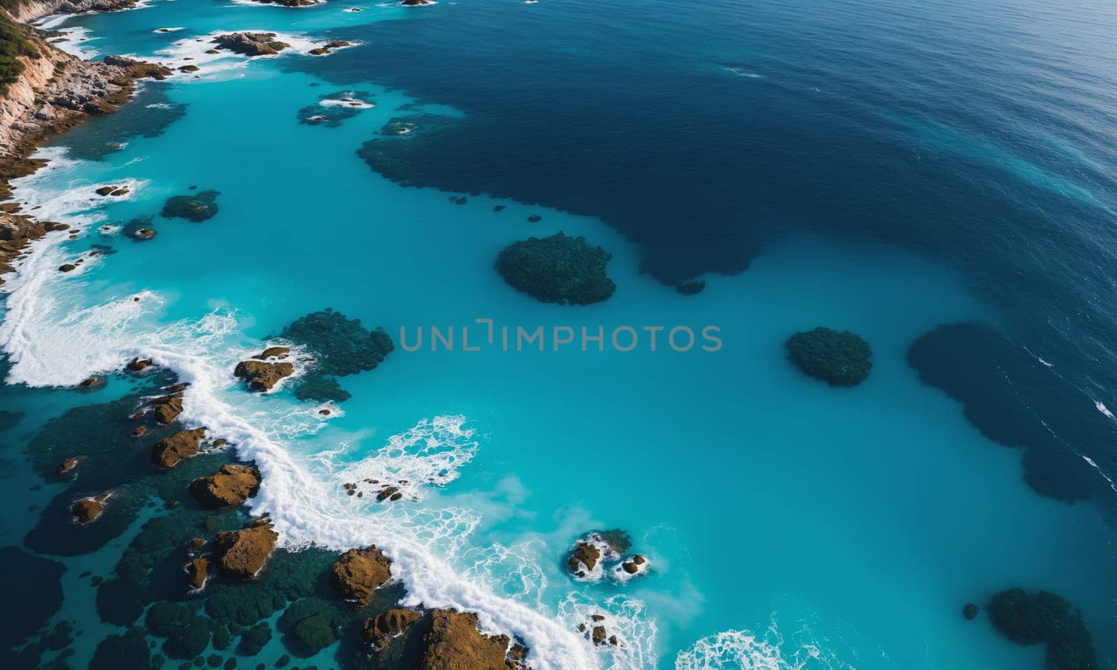 A breathtaking aerial view capturing the vibrant turquoise waters clashing against the rocky shoreline. The image shows the contrast between the deep blue ocean and the lighter turquoise waters near the shore, as well as the texture and shape of the rocks and waves.