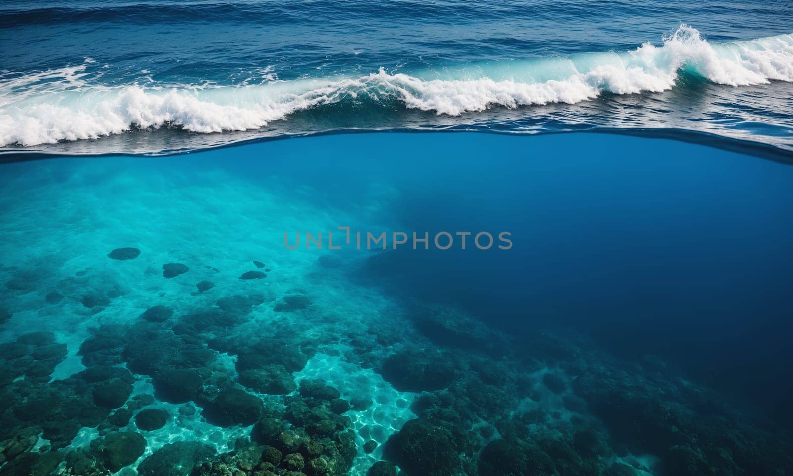 A breathtaking aerial view capturing the vibrant turquoise waters clashing against the rocky shoreline. The image shows the contrast between the deep blue ocean and the lighter turquoise waters near the shore, as well as the texture and shape of the rocks and waves.