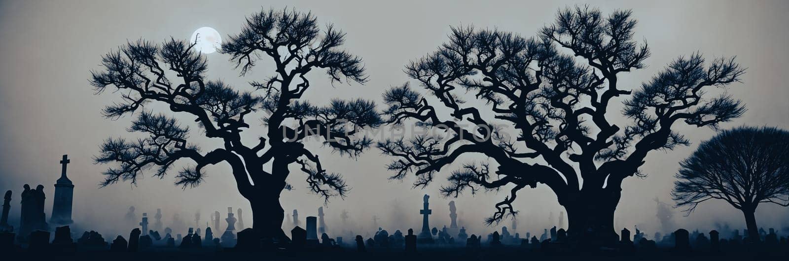 A hauntingly beautiful graveyard shrouded in mist, with weathered tombstones standing sentinel amidst gnarled trees and twisted branches reaching towards the moon.