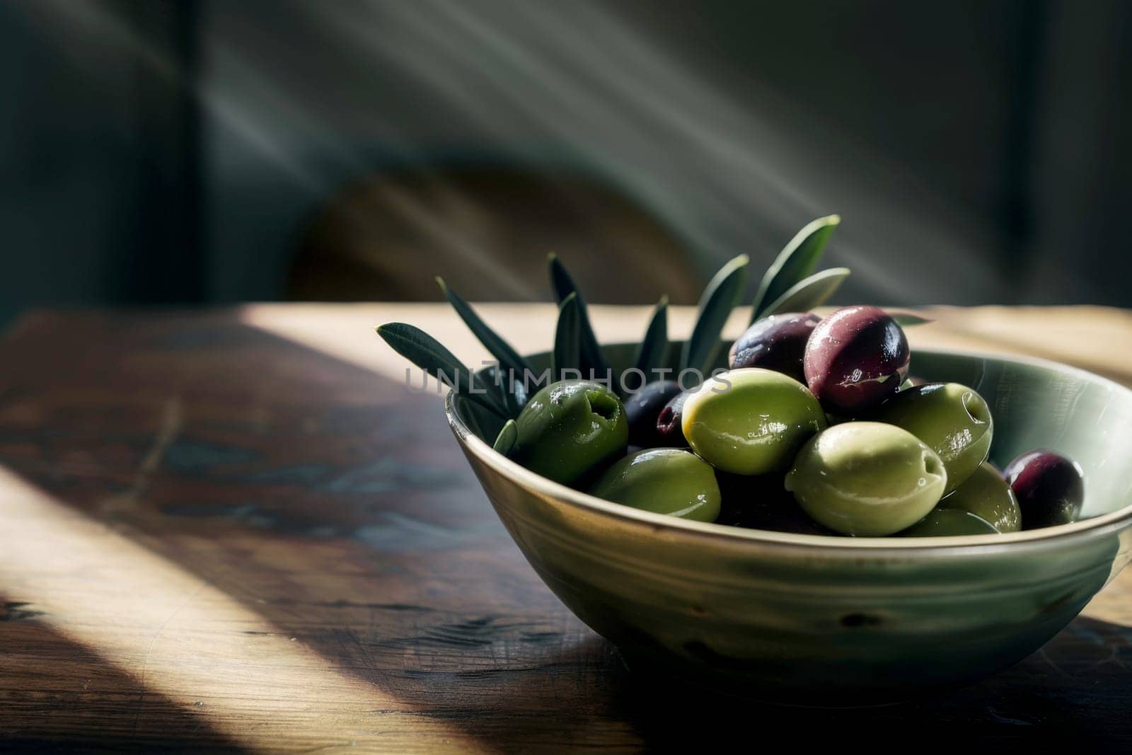 Olives in the bowl on wooden table. healthy food concept. AI generative.