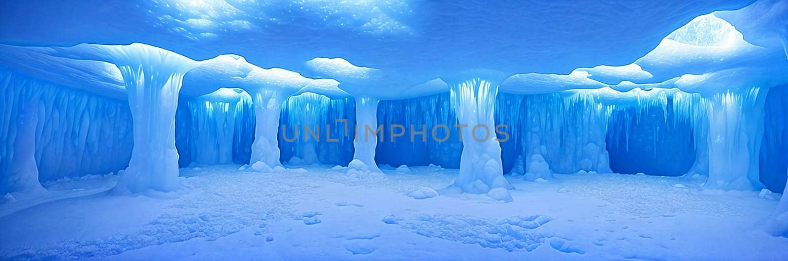 Ethereal ice cave illuminated by the soft glow of bioluminescent crystals, casting an eerie blue light. Generative AI