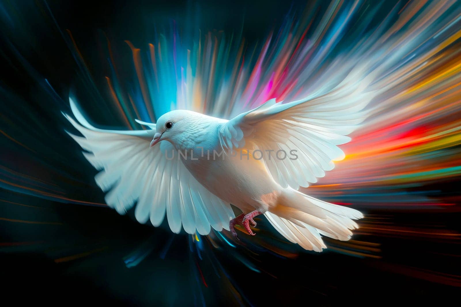 A beautiful white dove with open wings and neon effects .International Peace Day, generative Ai.