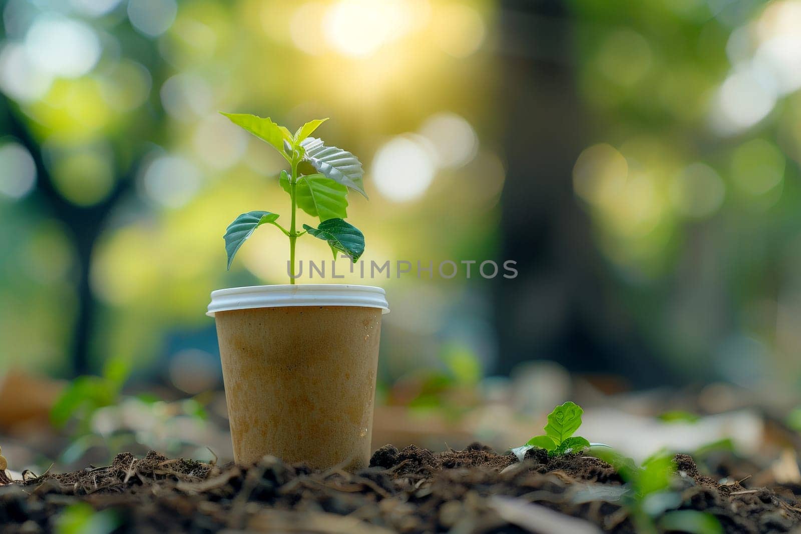 Sprout growing in the coffee cup. environmentally friendly, recycling, generated with AI.