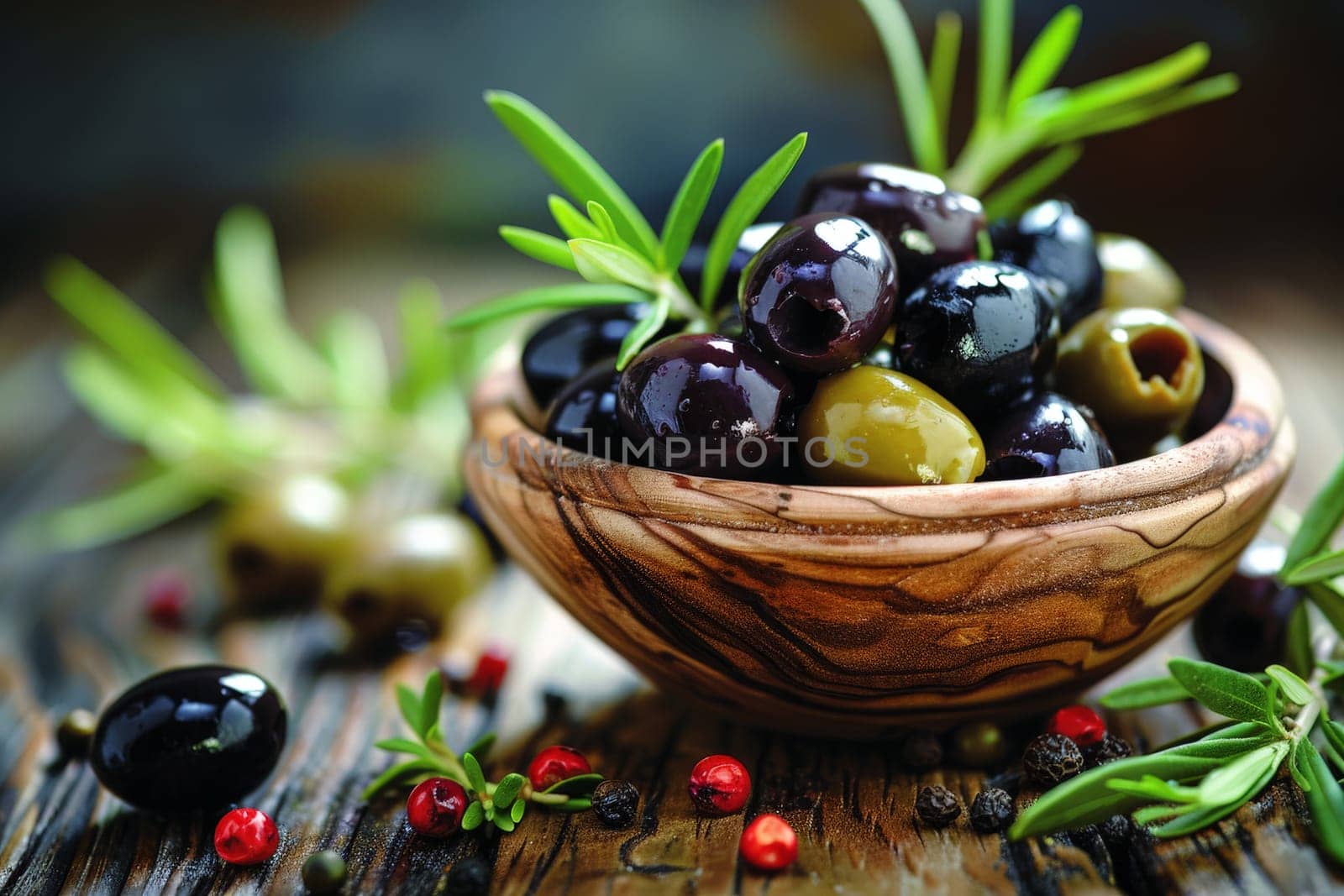 Olives in the bowl on wooden table. healthy food concept. AI generative.