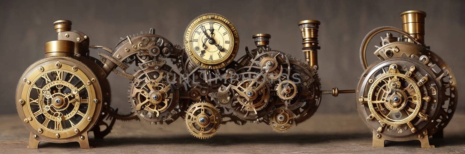 Steampunk Clockwork: An intricate mechanism blending gears, cogs, vintage brass elements, evoking Victorian-era technology. Think of a fusion between artistry functionality in a time-worn machine. Generative AI