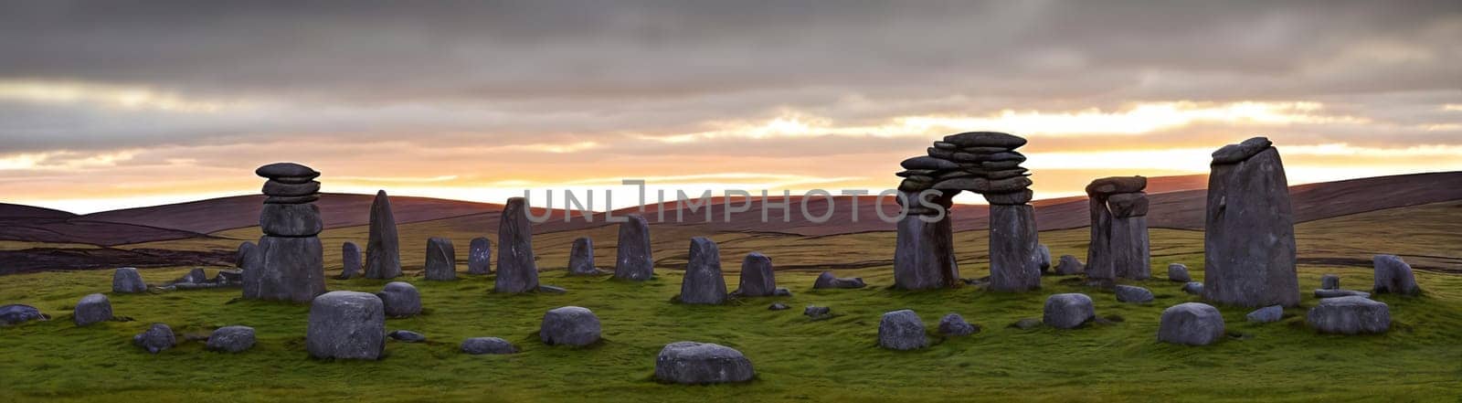 A mysterious and ancient stone circle nestled in a remote moorland, with the setting sun casting long shadows over the weathered monoliths