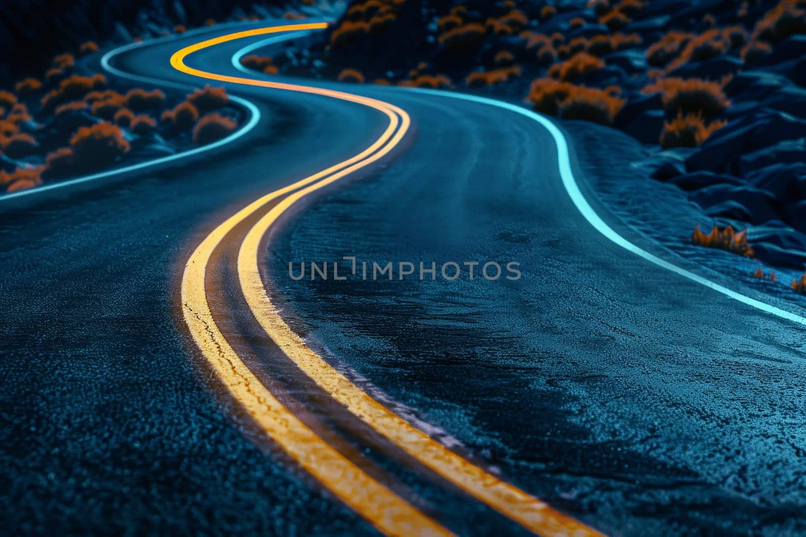 winding road illuminated glowing neon signs in the distance.ai generative.