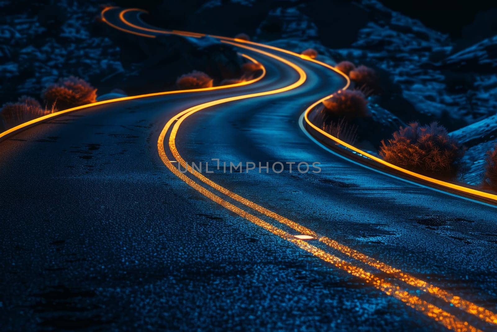 winding road illuminated glowing neon signs in the distance.ai generative.