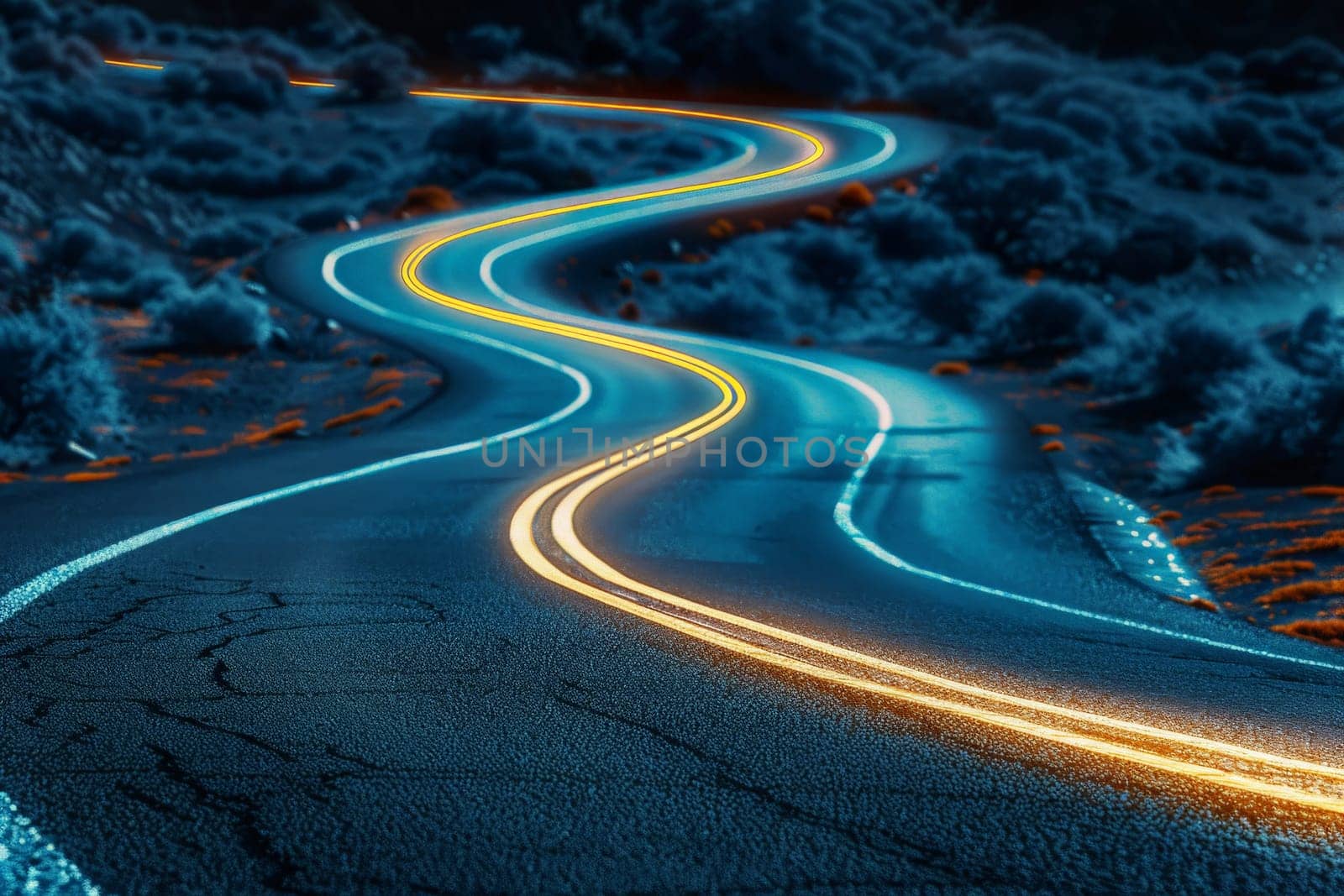 winding road illuminated glowing neon signs in the distance.ai generative by matamnad