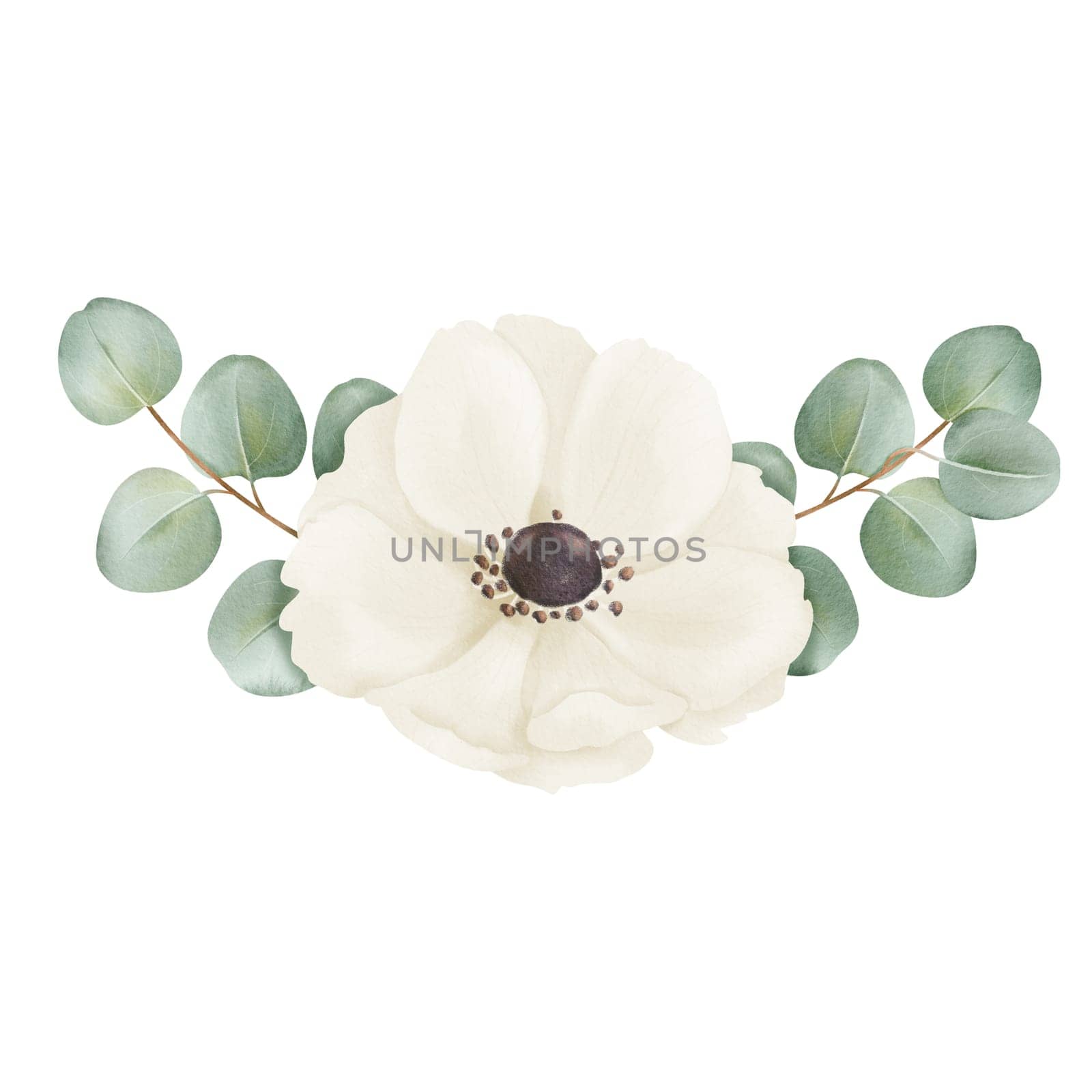 A composition white anemone flowers accompanied by eucalyptus leaves, in a watercolor. for design applications, wedding invitations, floral-themed stationery digital backgrounds or decorative prints by Art_Mari_Ka