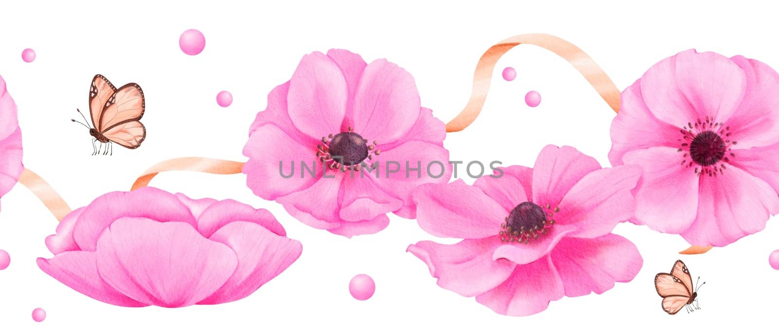 A seamless border featuring delicate pink anemones, adorned with ribbons, rhinestones, and butterflies. watercolor illustration for scrapbooking digital backgrounds website banners or social media.