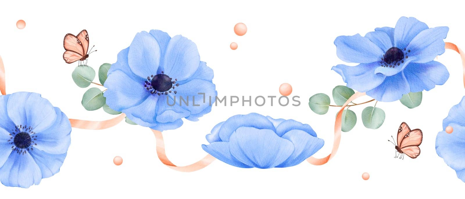 A seamless border. delicate blue anemones, eucalyptus leaves, adorned with ribbons, rhinestones, and butterflies. watercolor illustration for wedding stationery event invitations or digital designs.