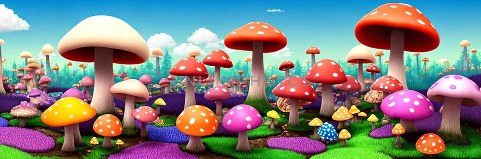 Immerse in a whimsical vibrant mushroom forest Oversized fungi of varied hues paint a surreal, otherworldly scene