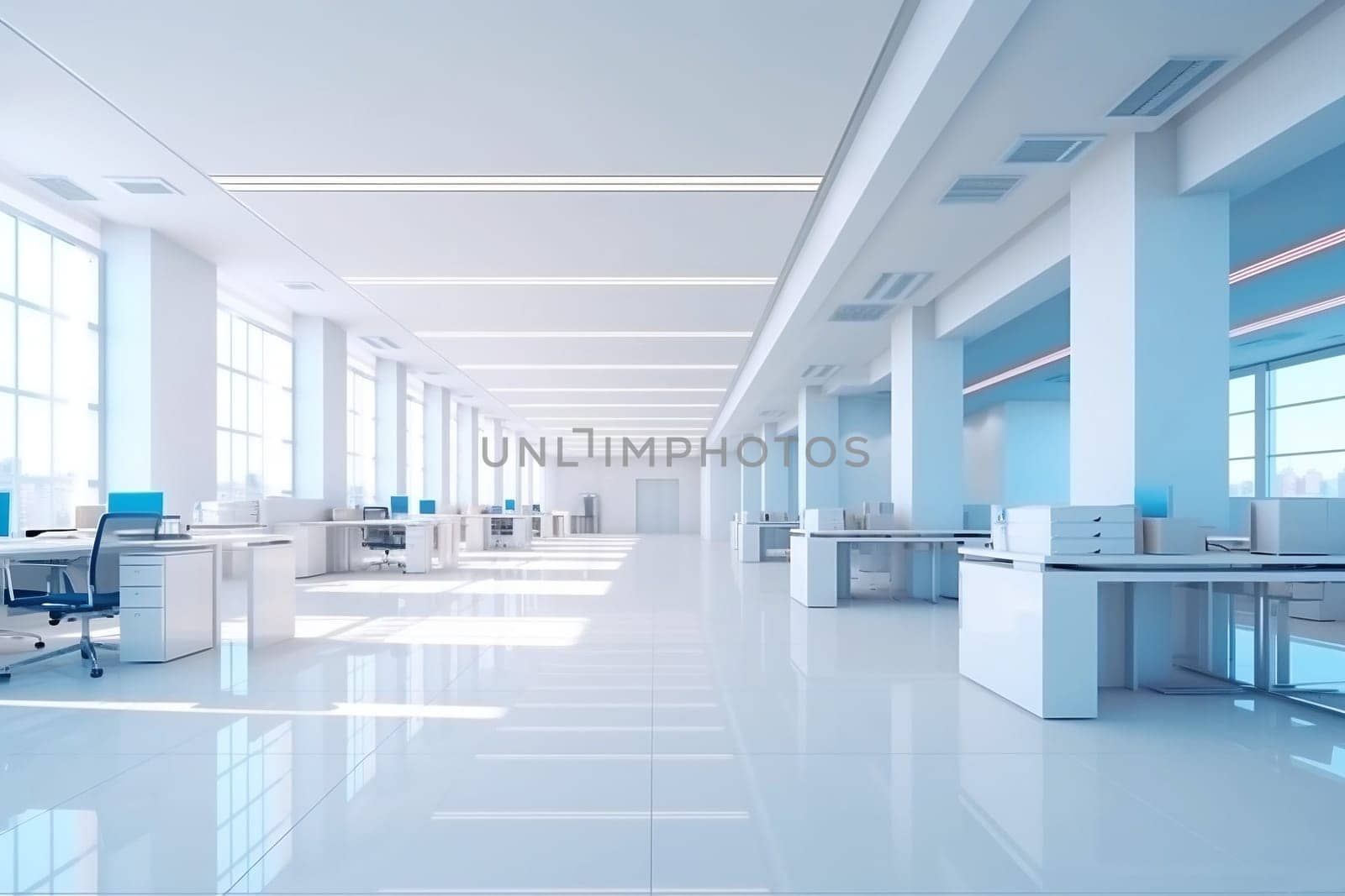 A beautiful modern spacious office hall with panoramic windows and a perspective in pleasant blue tones by NataliPopova