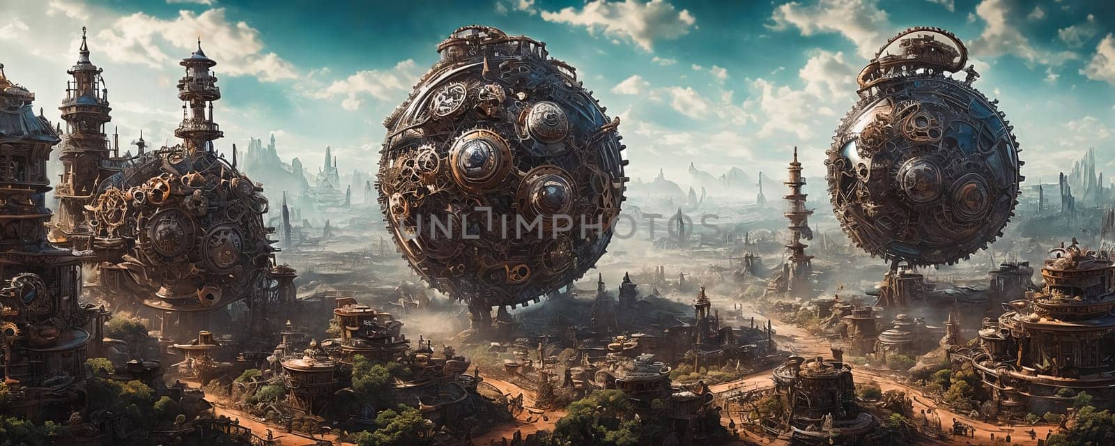 Clockwork Steampunk Planet. A planet that blends fantasy and machinery, featuring colossal, intricately detailed clockwork structures, towering gears, and fantastical steam-powered landscapes