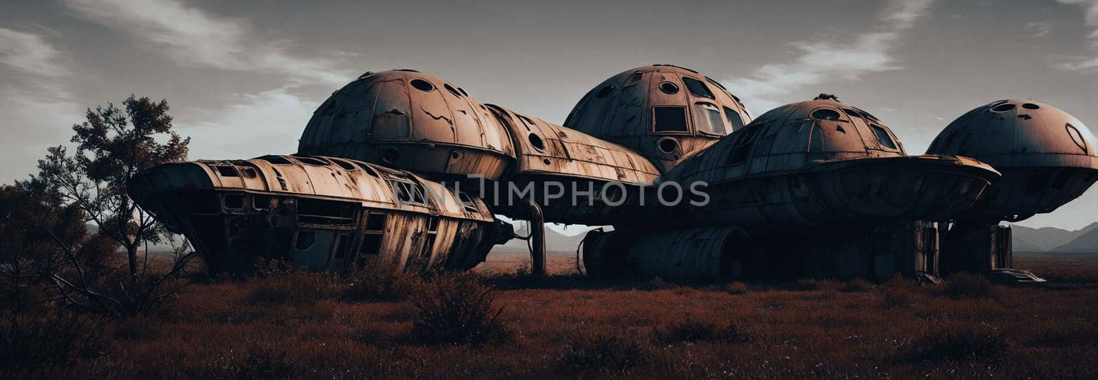 An abandoned spaceship on an alien planet, rusted metal, broken windows, overgrown vegetation reclaim the vessel. A scene of desolation and nature's triumph. Generative AI.