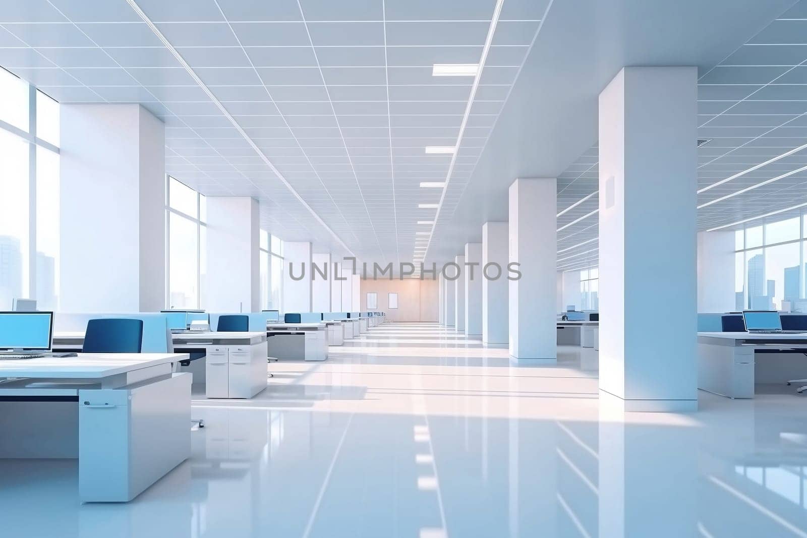 A beautiful modern spacious office hall with panoramic windows and a perspective in pleasant natural blue and beige tones by NataliPopova