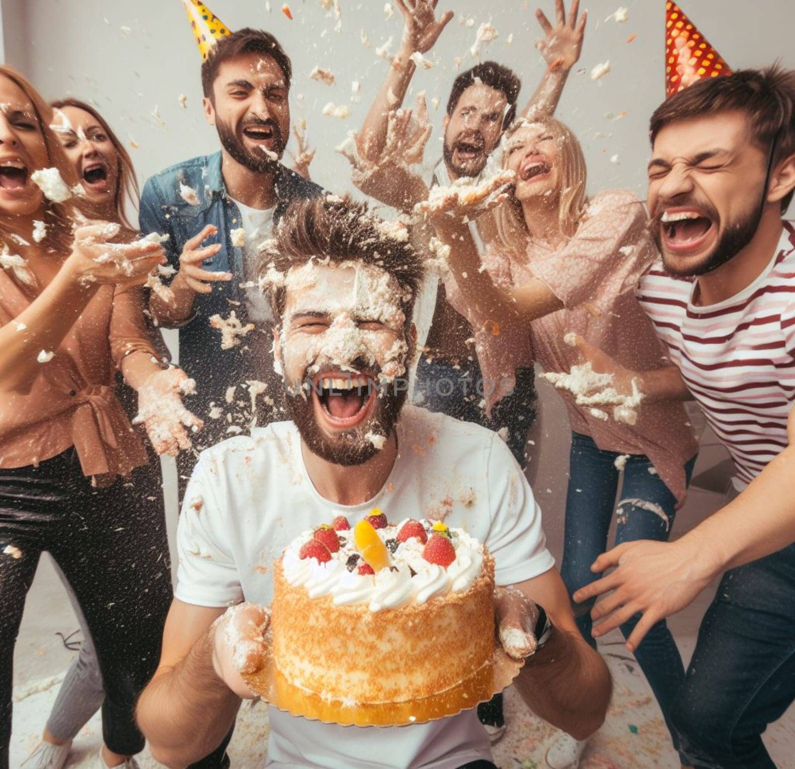 group elegant people celebrate toxic gala birthday at club throw cake splash wine wild party dance shout laugh art generated ai