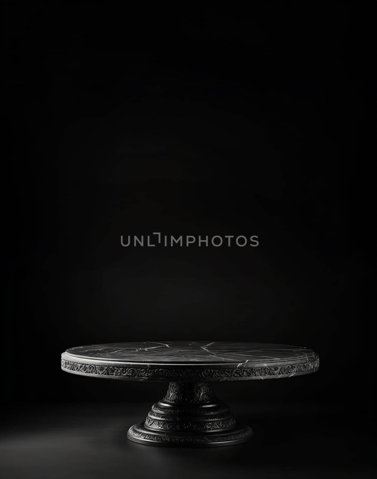 Empty round metal black podium on black platform with black background for product display.