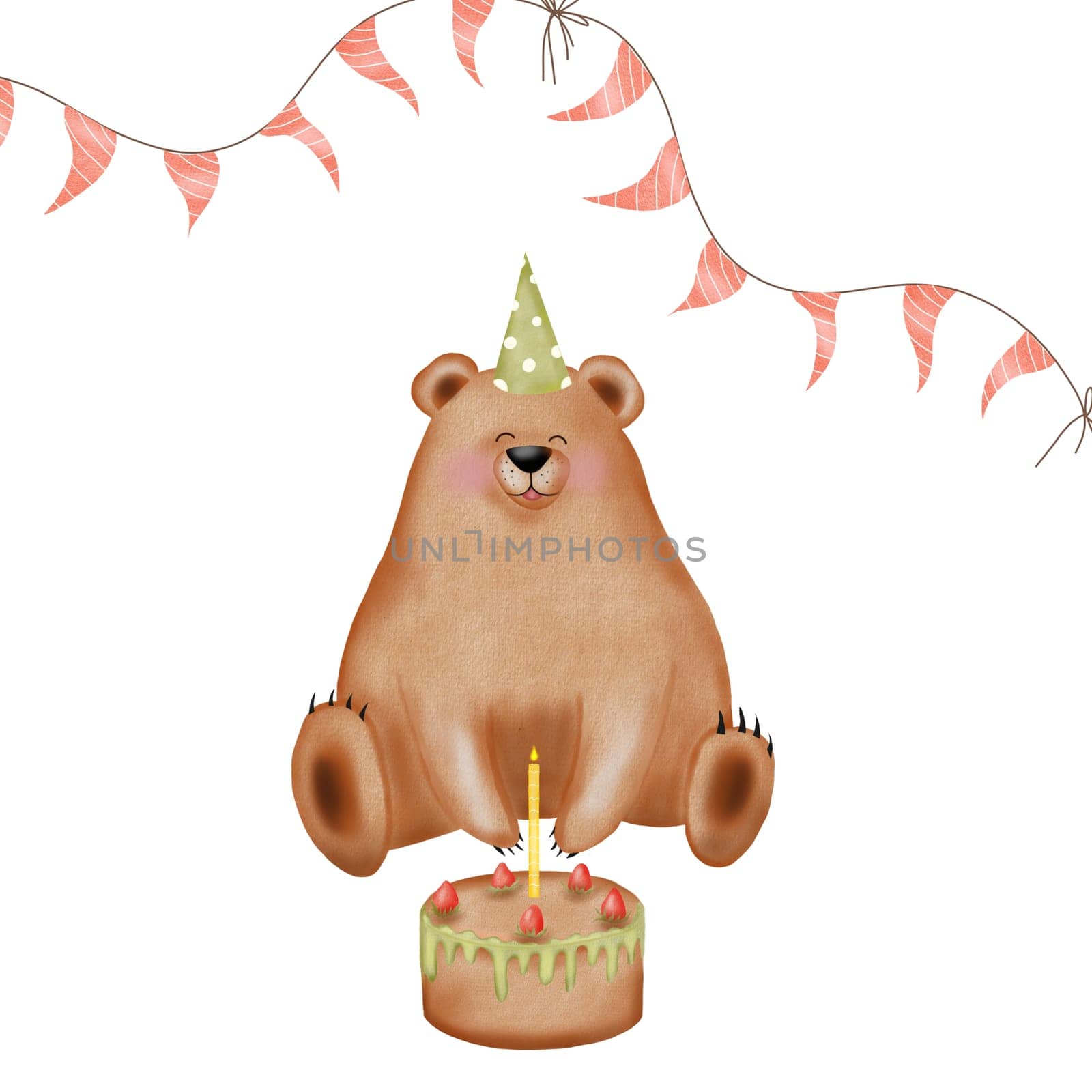 Cute bear on your birthday. A watercolor animal is sitting with a cake and wearing a festive hat. At the top there is a garland with flags. Isolated clipart on white background. Composition for cards and invitations for birth and baby shower. High quality illustration