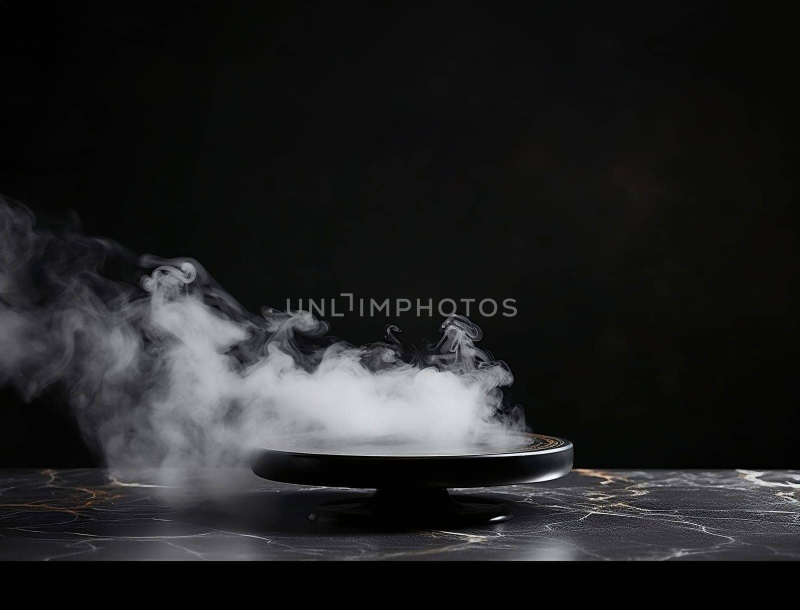 Empty round black podium with smoke on marble platform with black background for product display by NataliPopova