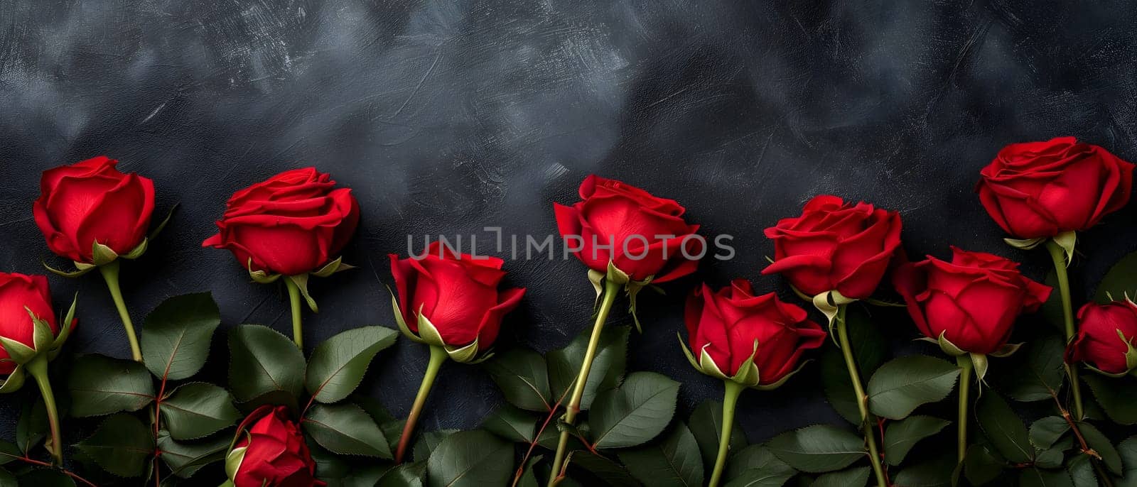 Red roses on black background with copy space. Neural network generated image. Not based on any actual person or scene.