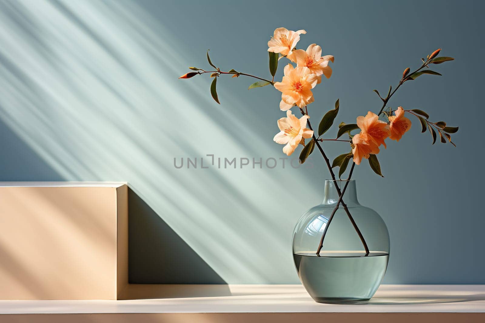 Glass vase with flowers on the table, minimalism. Shadows on the wall.