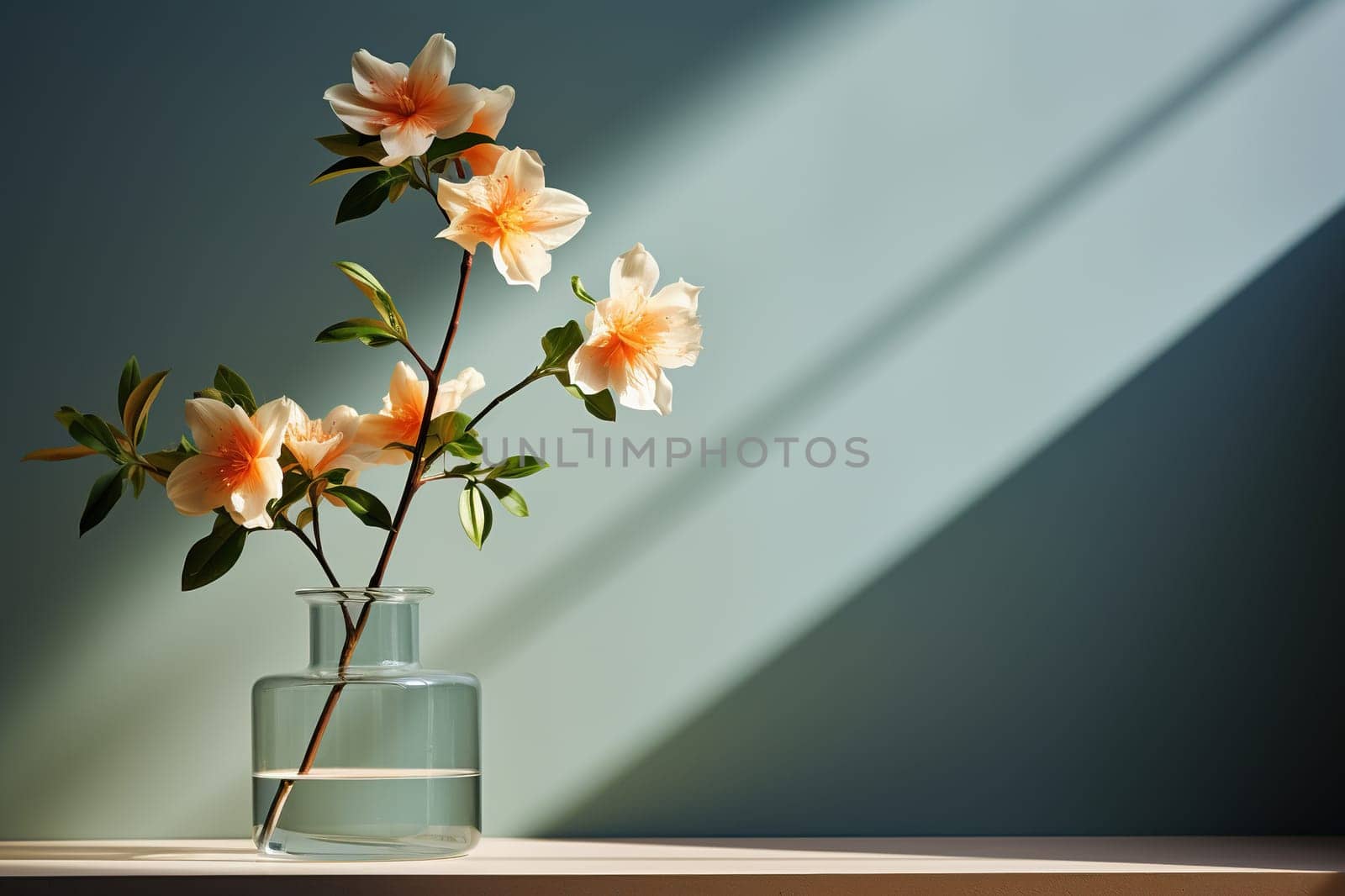 Glass vase with flowers on the table, minimalism. Shadows on the wall. Generated by artificial intelligence by Vovmar