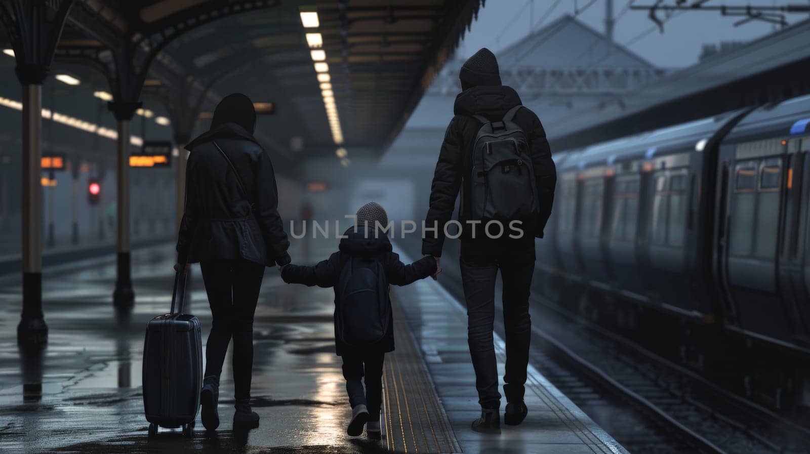 Family on platform of railway train station, Family vacation, Family travel trip.