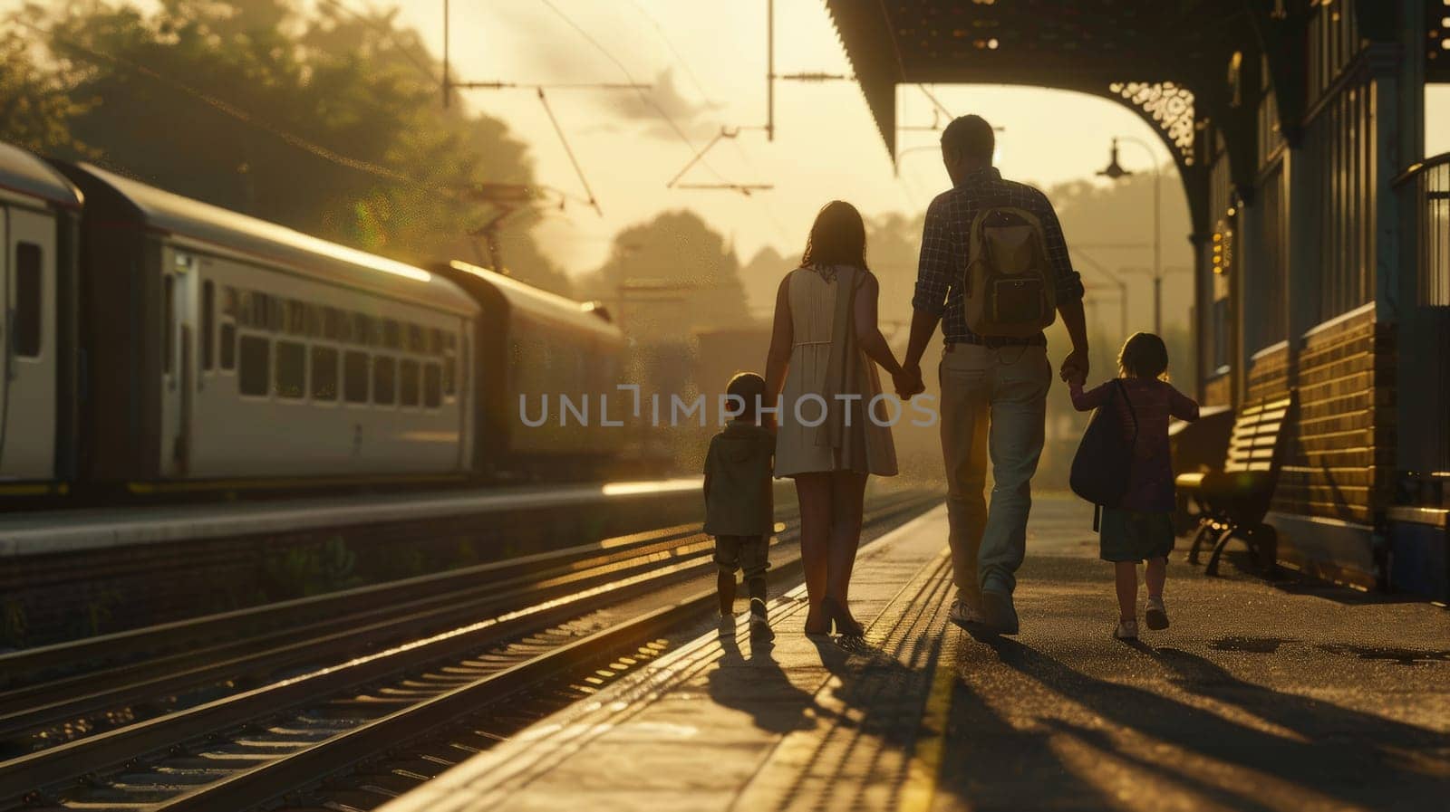 Family on platform of railway train station, Family vacation, Family travel trip by nijieimu