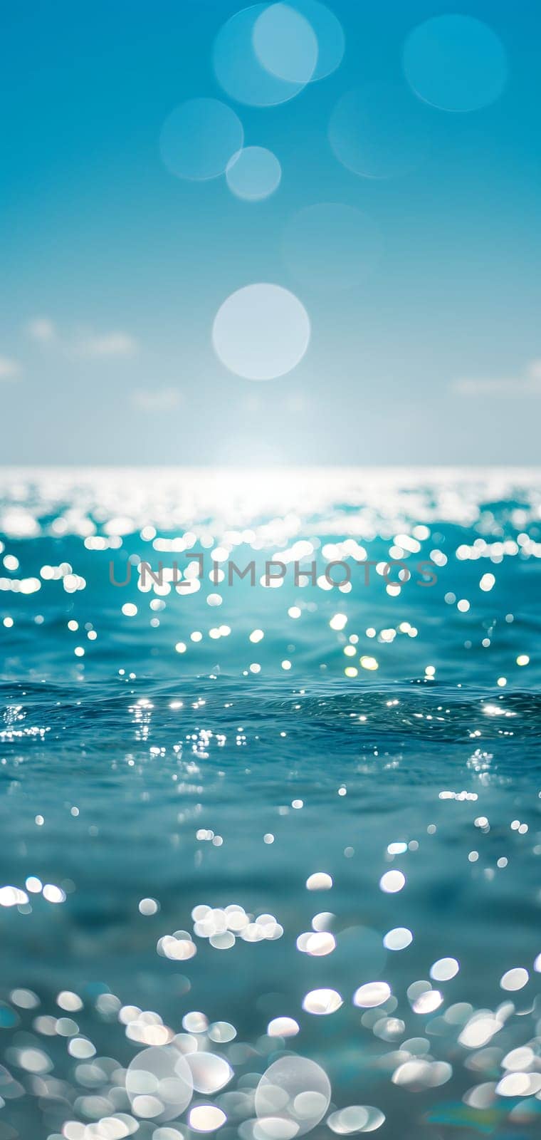 Sunny day bokeh on water: Blue sky over a turquoise body of water, with the light reflecting and creating a bokeh effect. Neural network generated image. Not based on any actual scene or pattern.