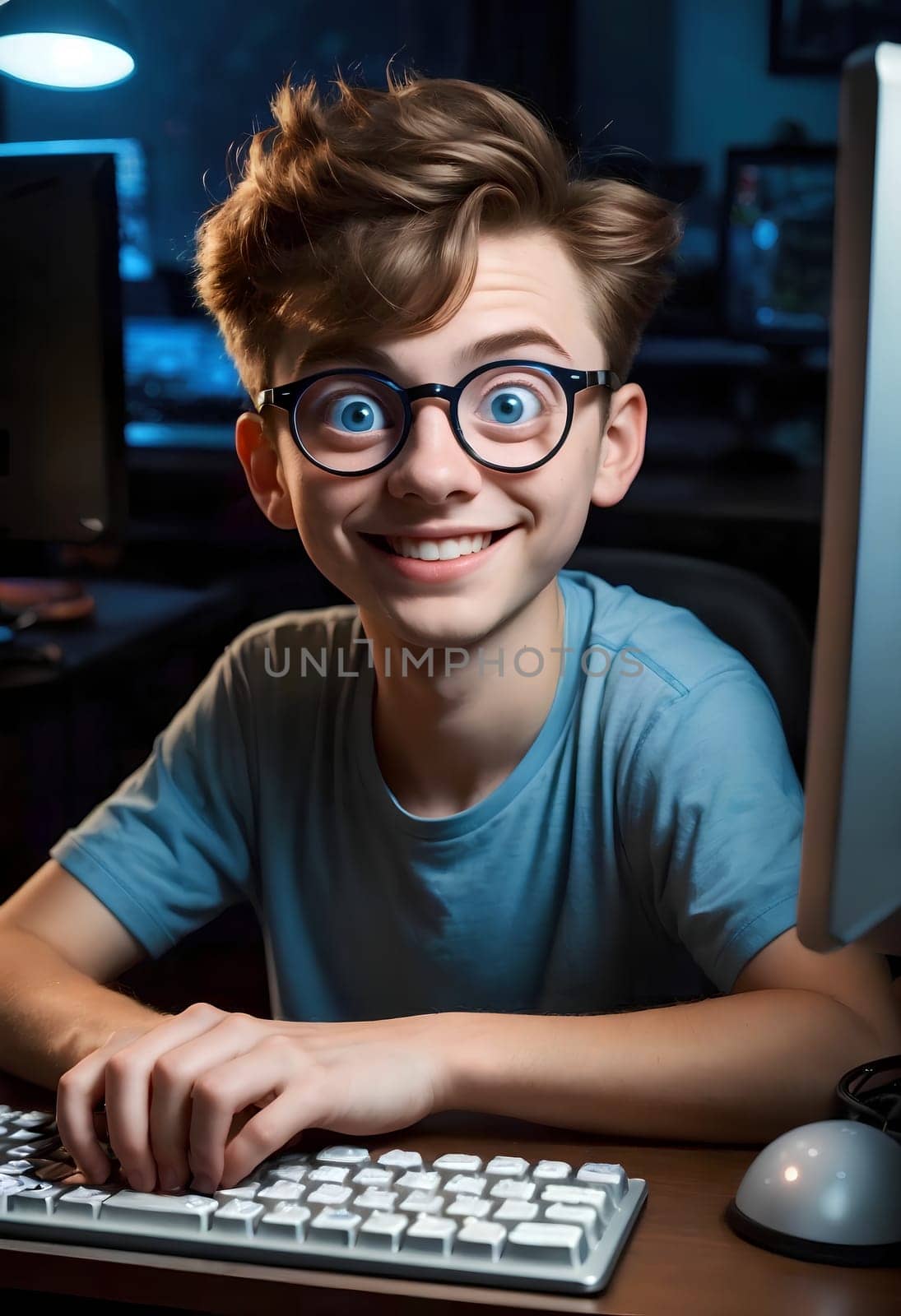 Ultra Realistic animated portrait of a webmaster sitting near a computer monitor with big round eyes. AI generated image.