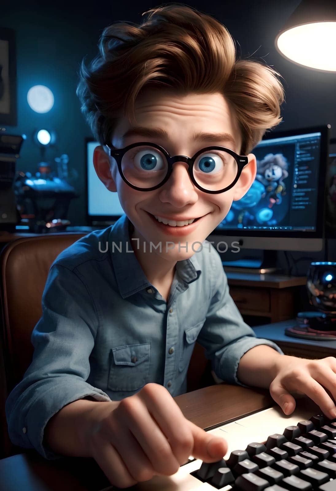Ultra Realistic animated portrait of a webmaster sitting near a computer monitor with big round eyes. AI generated image.