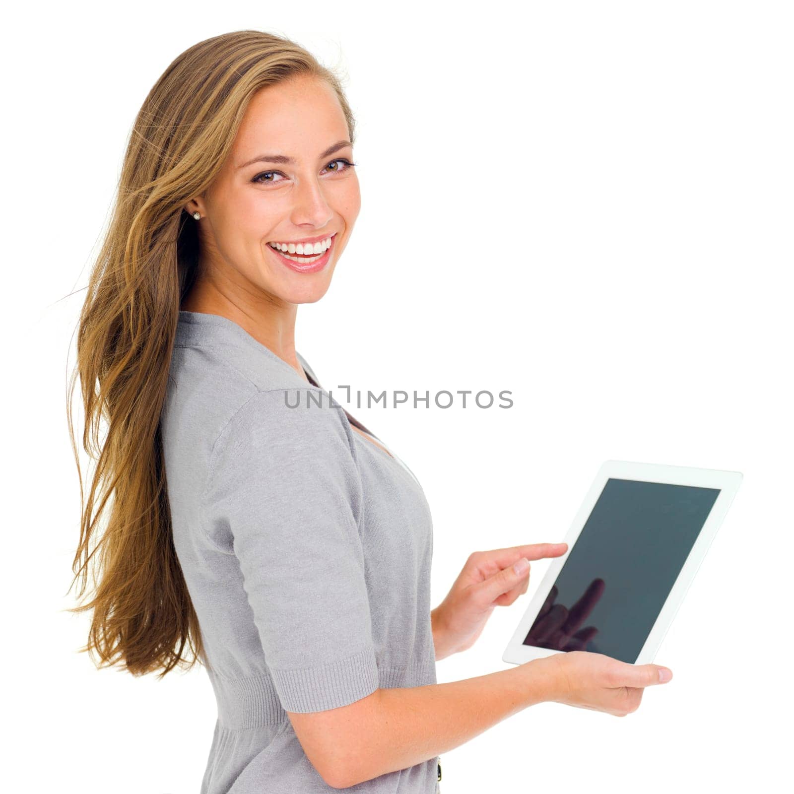 Female person, smile and portrait for tablet, mockup and studio for marketing and screen placement for brand. Woman, white background and happy for advertising, technology and social space for scroll.
