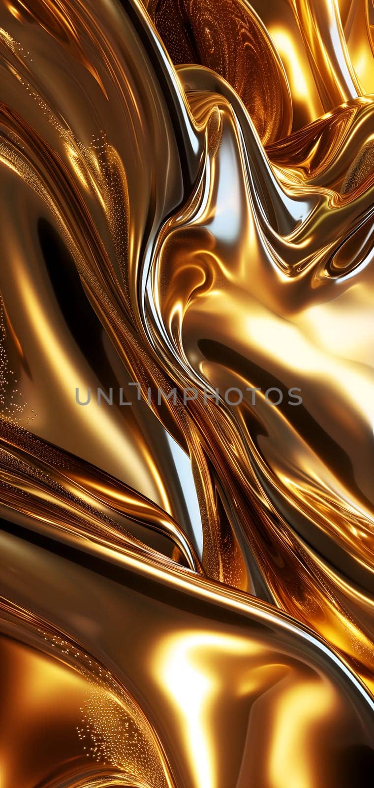 Shiny golden metal waves background and wallpaper. Neural network generated in January 2024. Not based on any actual scene or pattern.