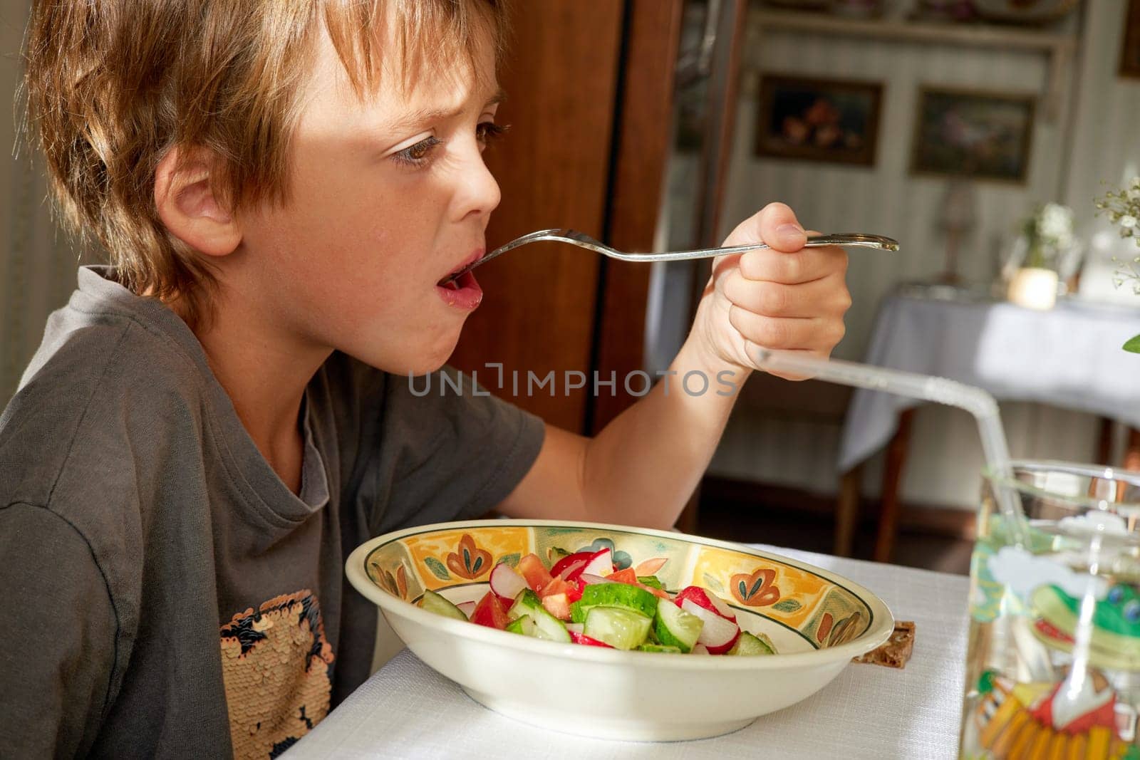 Hungry boy eats vegetable salad at table in country house by Demkat