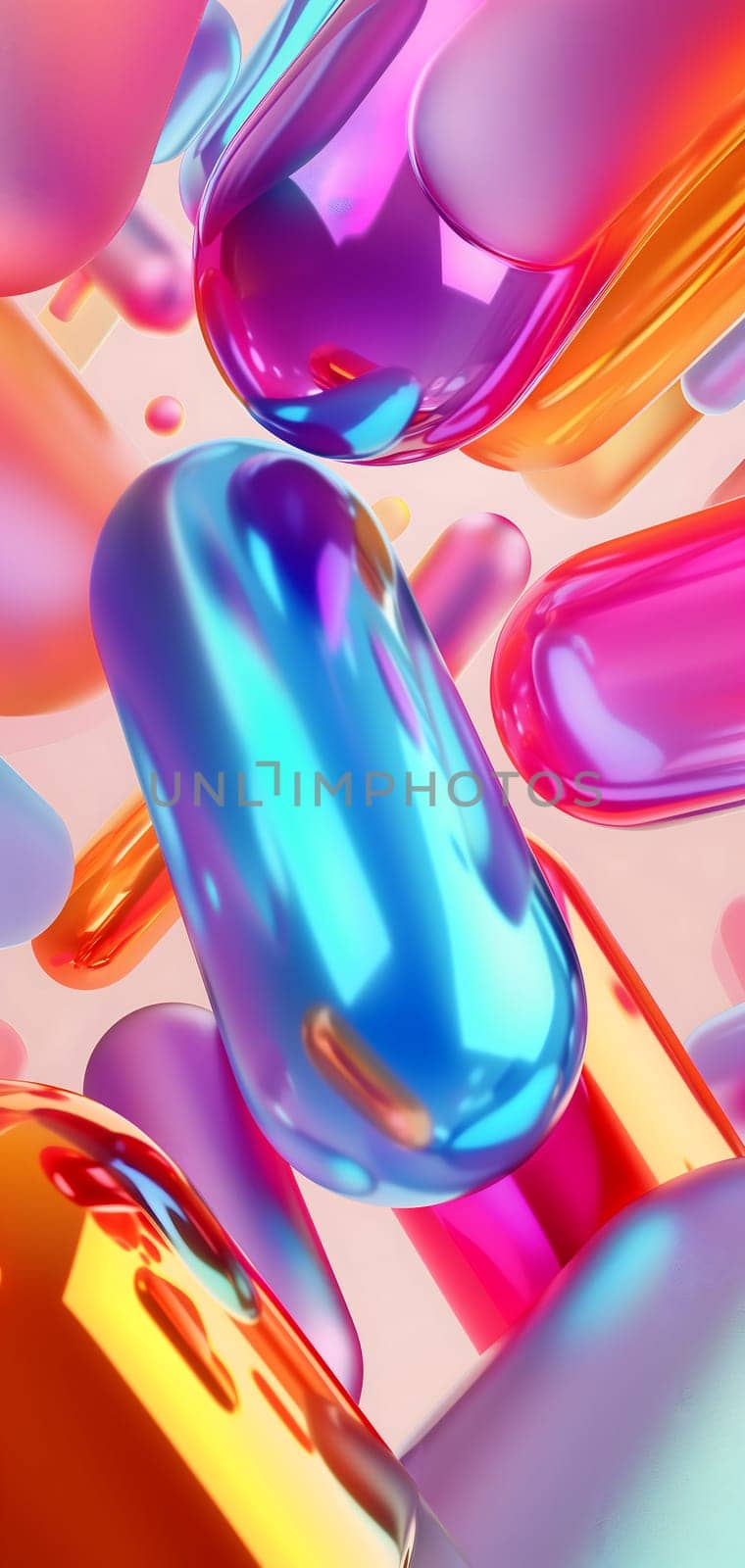Abstract colorful glassy round objects on gradient background. Neural network generated in January 2024. Not based on any actual scene or pattern.