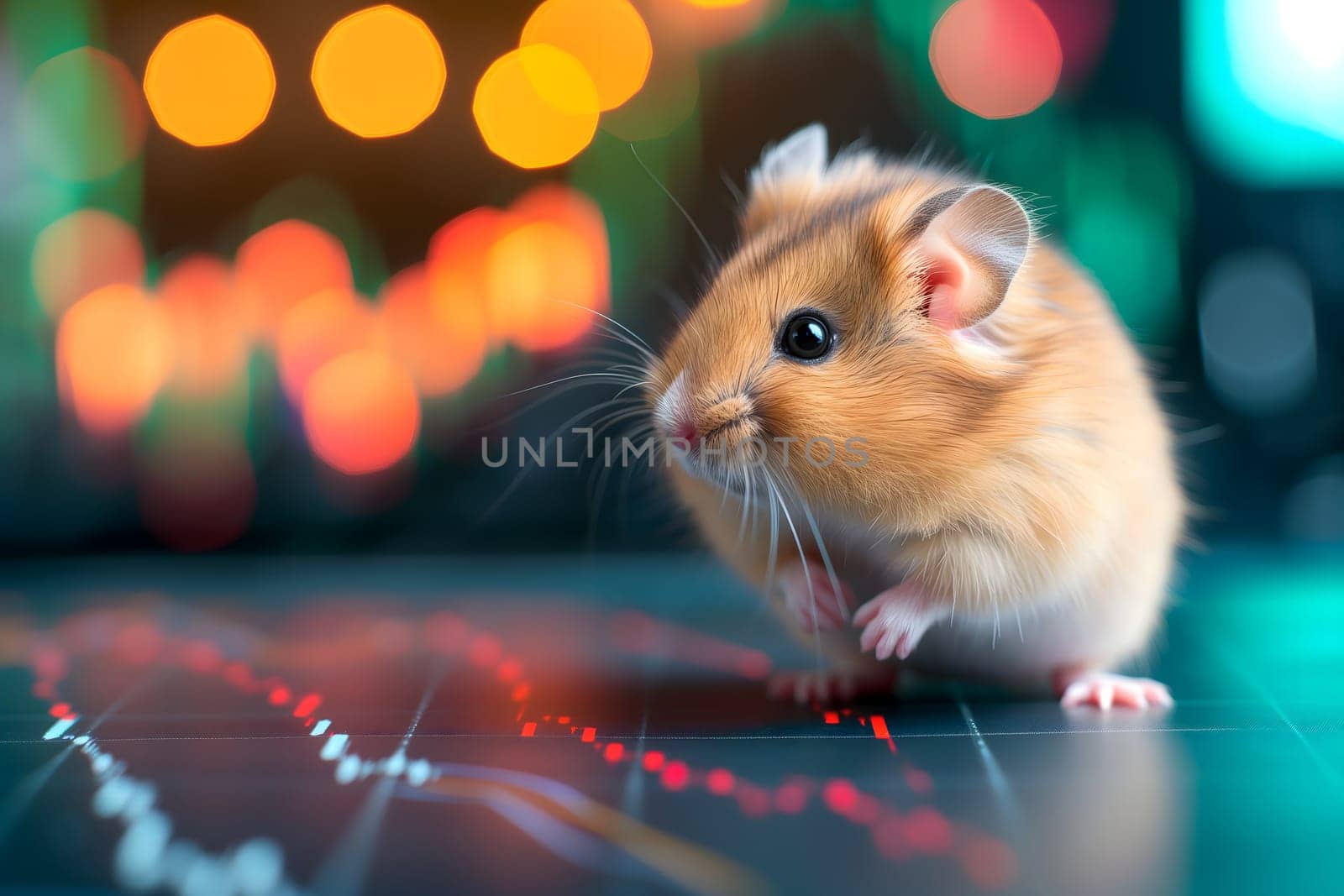 Hamster in front of blurry trading charts, novice in stock exchange and asset market concept. Neural network generated image. Not based on any actual scene or pattern.