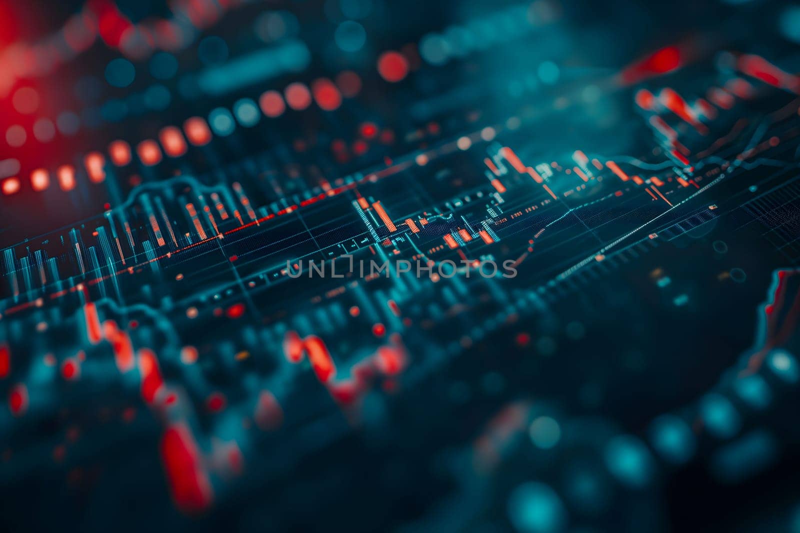 Investing and Trading: Digital Charts and Graphs Reflect modern Market Volatility. Neural network generated image. Not based on any actual scene or pattern.