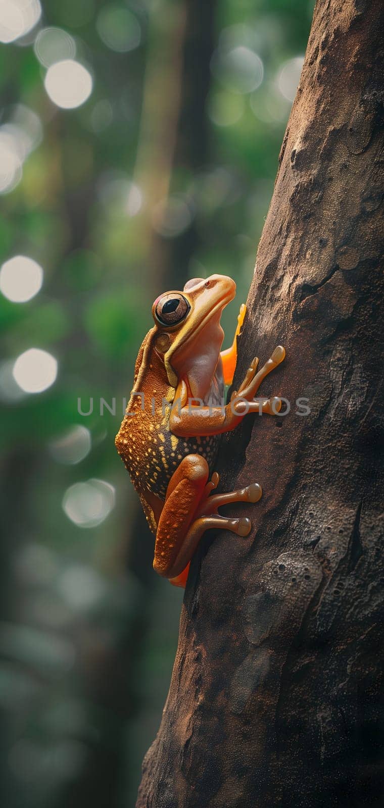 A frog resting on a tree branch in dense jungles. Neural network generated image. Not based on any actual scene or pattern.