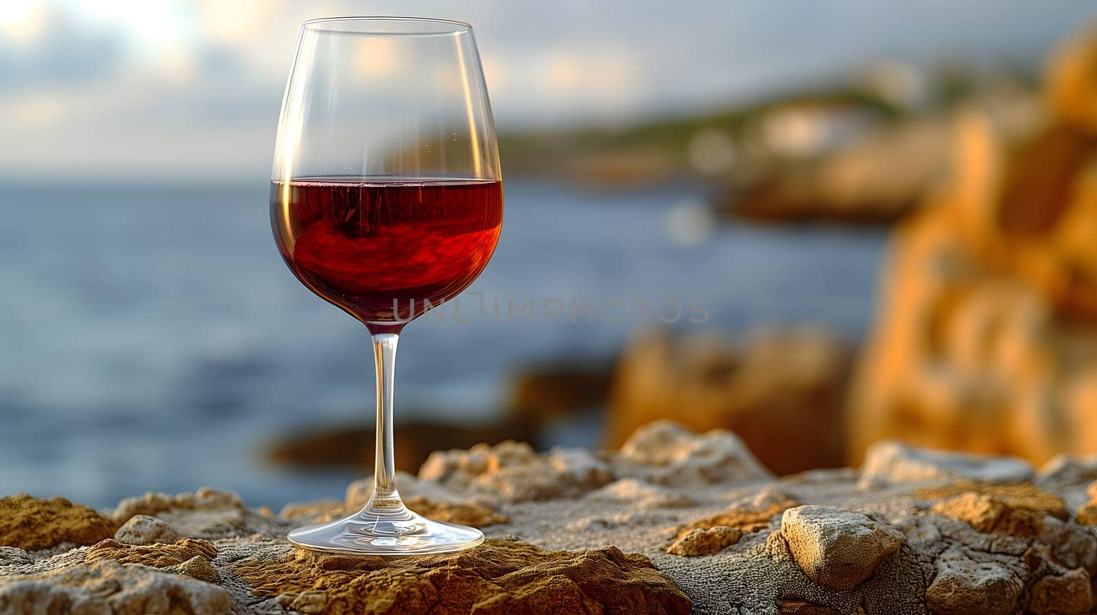 A glass of red wine on a stone wall, sea background, realistic, selective focus. by z1b