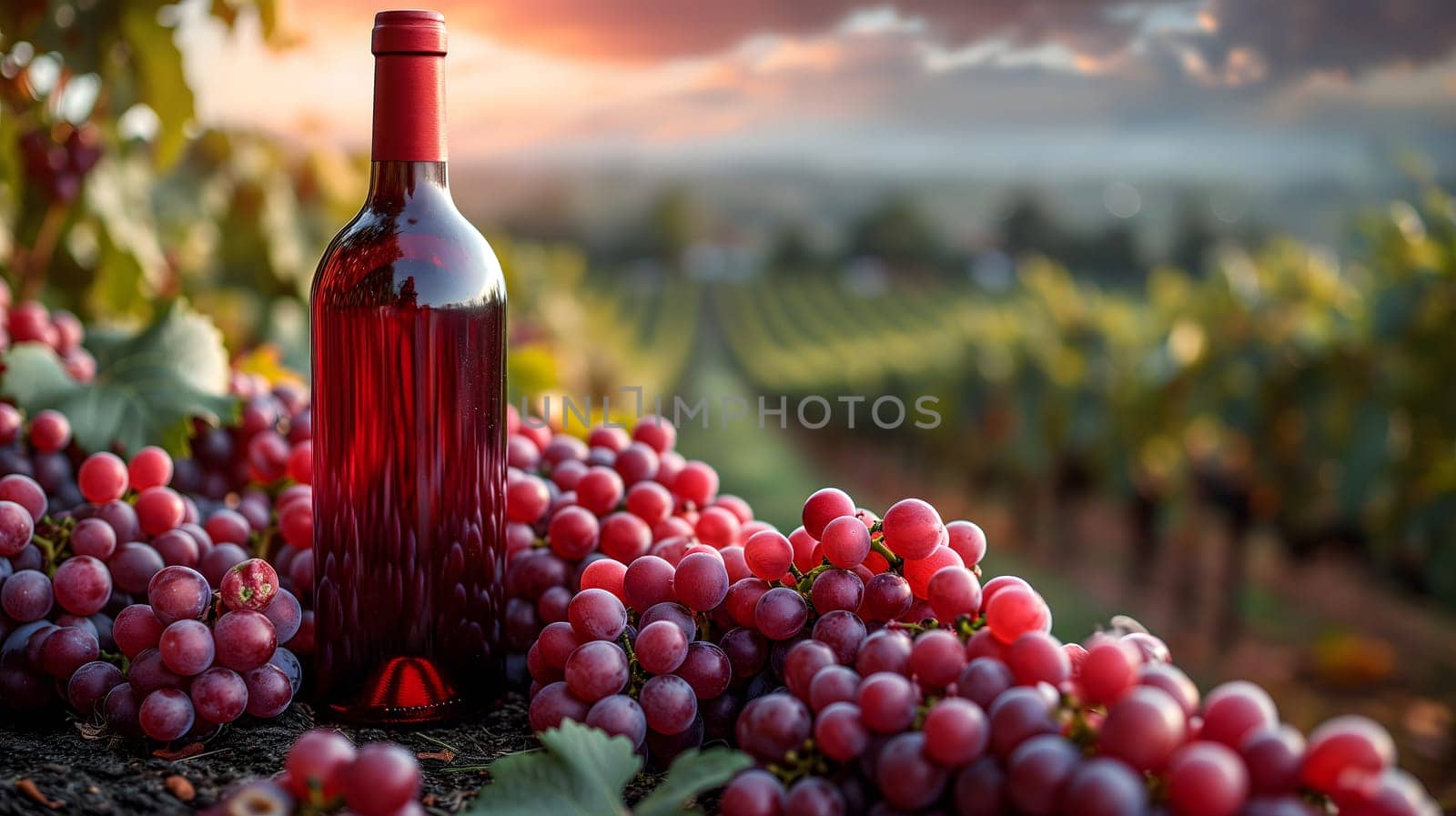 A red wine bottle in front of a landscape of grape farmland. Neural network generated image. Not based on any actual scene or pattern.